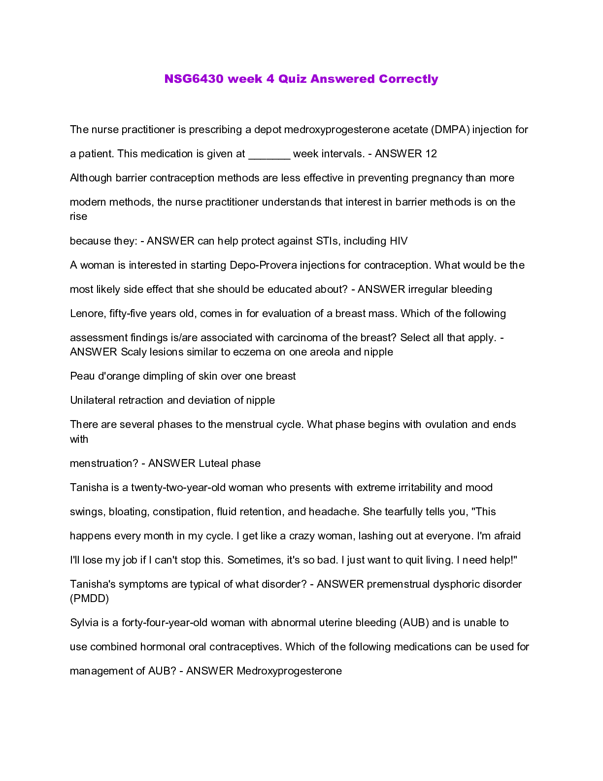 Preview image for NSG6430 week 4 Quiz Answered Correctly